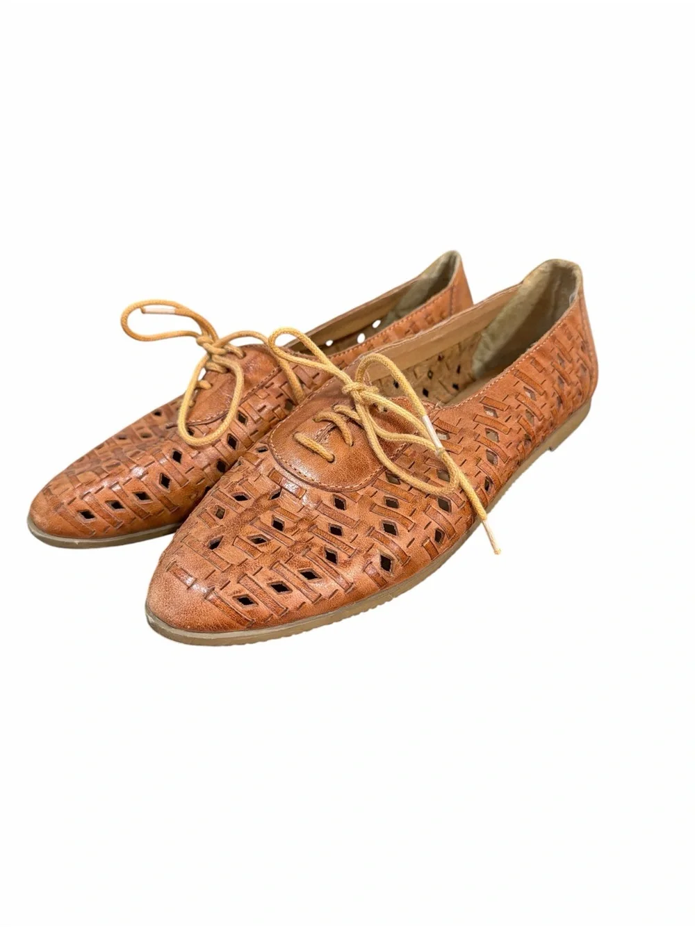 Brown Leather Huarache Oxford Flats Size Marked 38 40 Woven Boho Shoes